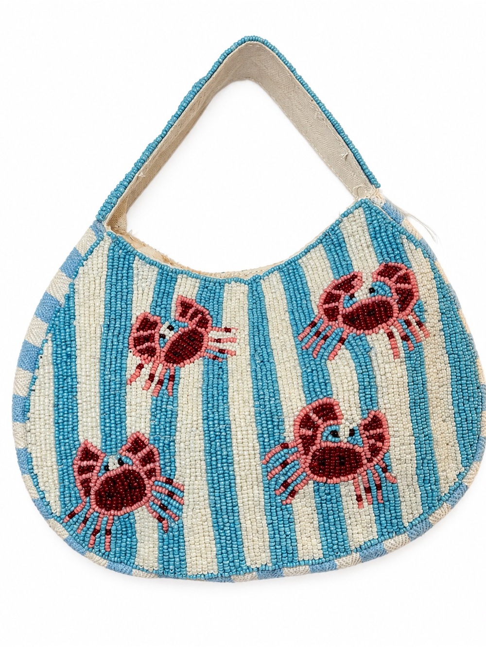 Hand-Beaded Blue & Cream Stripe Shoulder Bag with Red Crab Motifs
